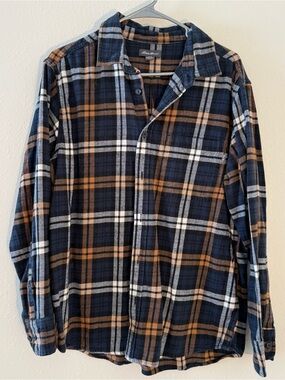 Eddie Bauer Navy, Brown & White Plaid Button-Up Shirt